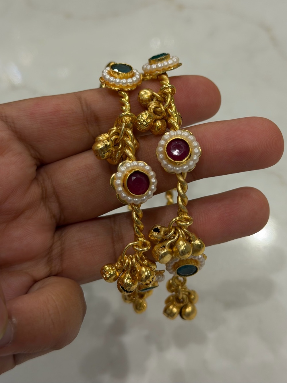 Vintage Style Ghungroo Cuff Bracelet Pair | Gold Tone Pearl & Ruby Green Bangles